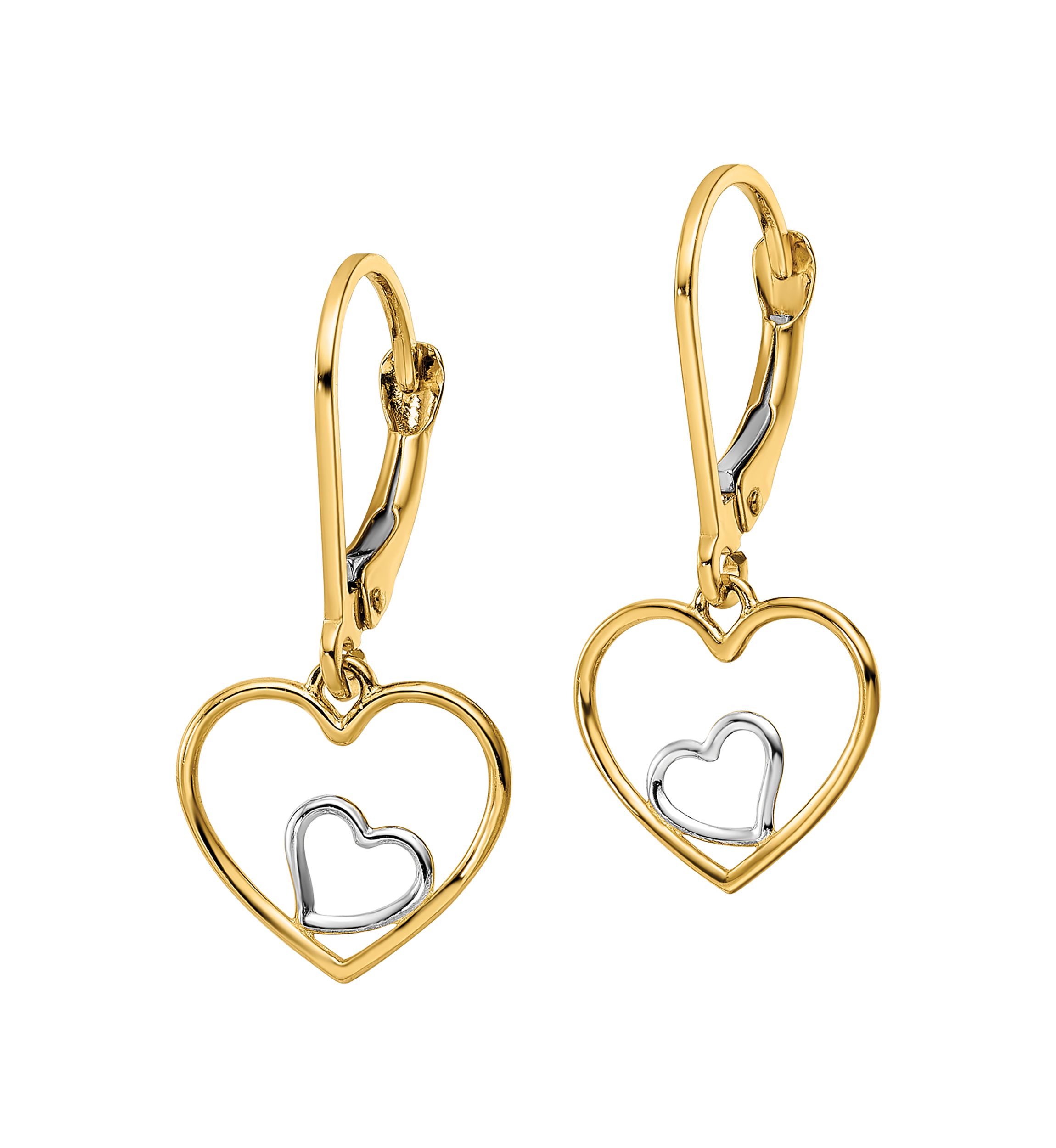14K Yellow Gold with Rhodium Heart in Heart Lever Back Dangle Earrings