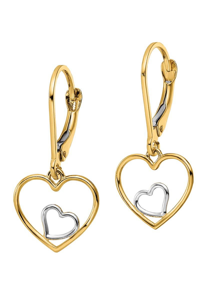 14K Yellow Gold with Rhodium Heart in Heart Lever Back Dangle Earrings