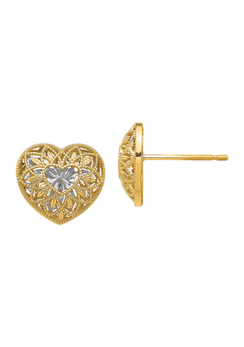 14K Yellow Gold with Rhodium Diamond Cut Filigree Heart Earrings