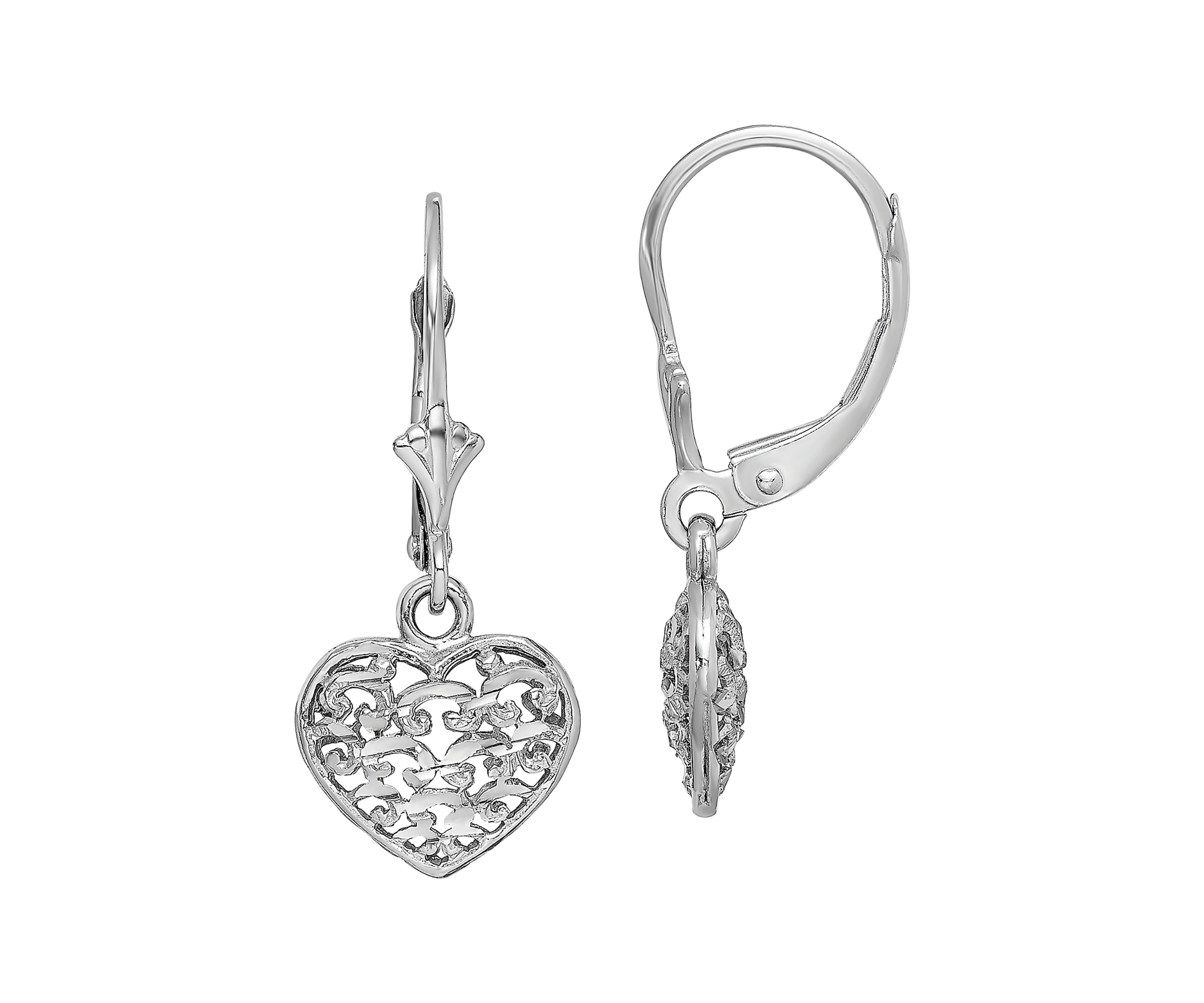 14K White Gold 3-D Mini Diamond Cut Puffed Heart Lever Back Earrings
