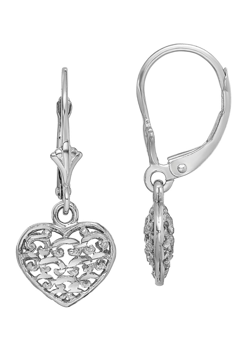 14K White Gold 3-D Mini Diamond Cut Puffed Heart Lever Back Earrings