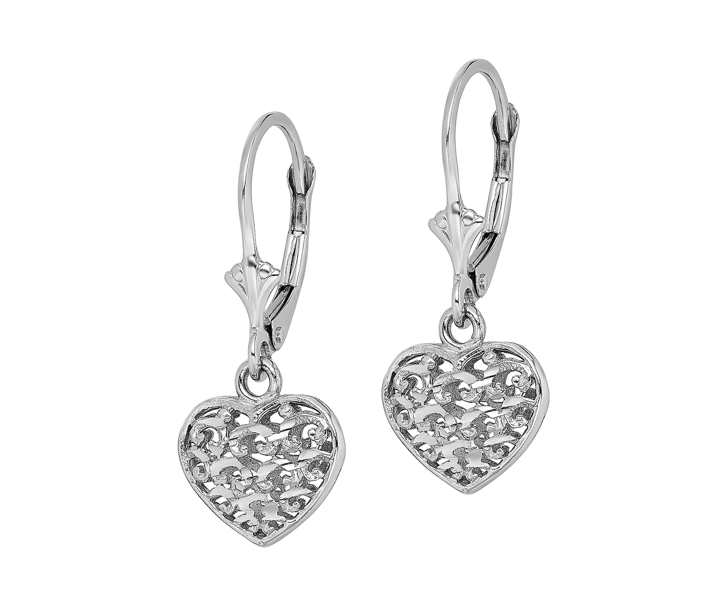 14K White Gold 3-D Mini Diamond Cut Puffed Heart Lever Back Earrings