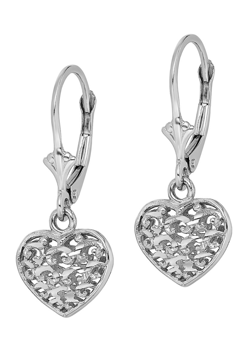 14K White Gold 3-D Mini Diamond Cut Puffed Heart Lever Back Earrings