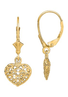 14K Yellow Gold Diamond Cut Mini Puffed Heart Lever Back Earrings