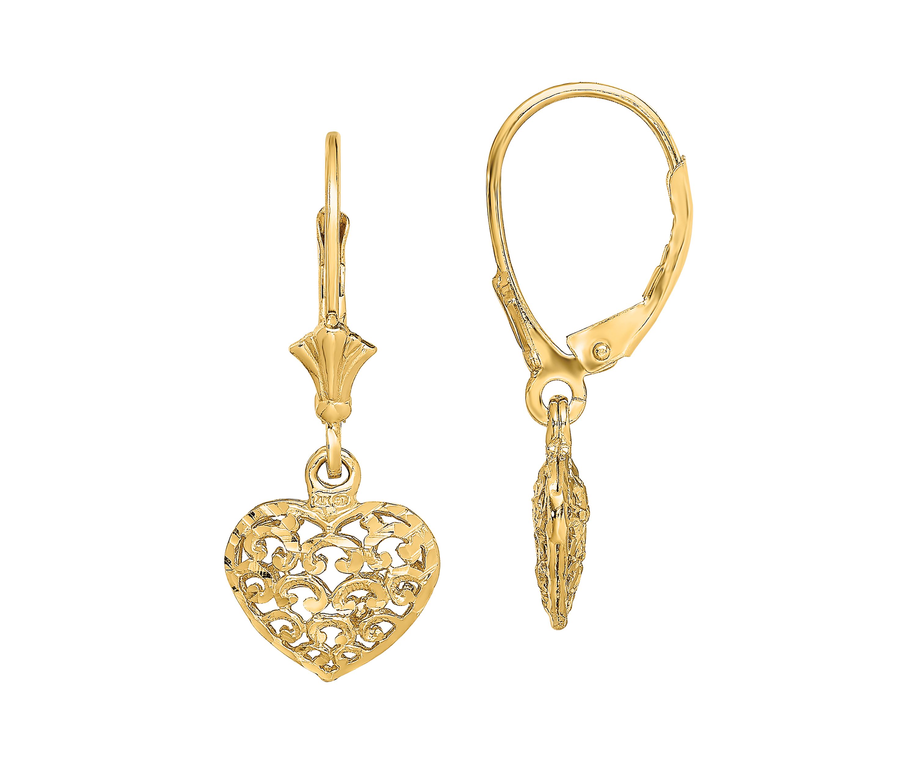 14K Yellow Gold Diamond Cut Mini Puffed Heart Lever Back Earrings
