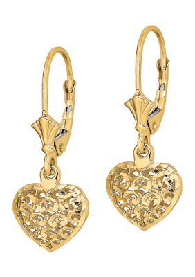 14K Yellow Gold Diamond Cut Mini Puffed Heart Lever Back Earrings