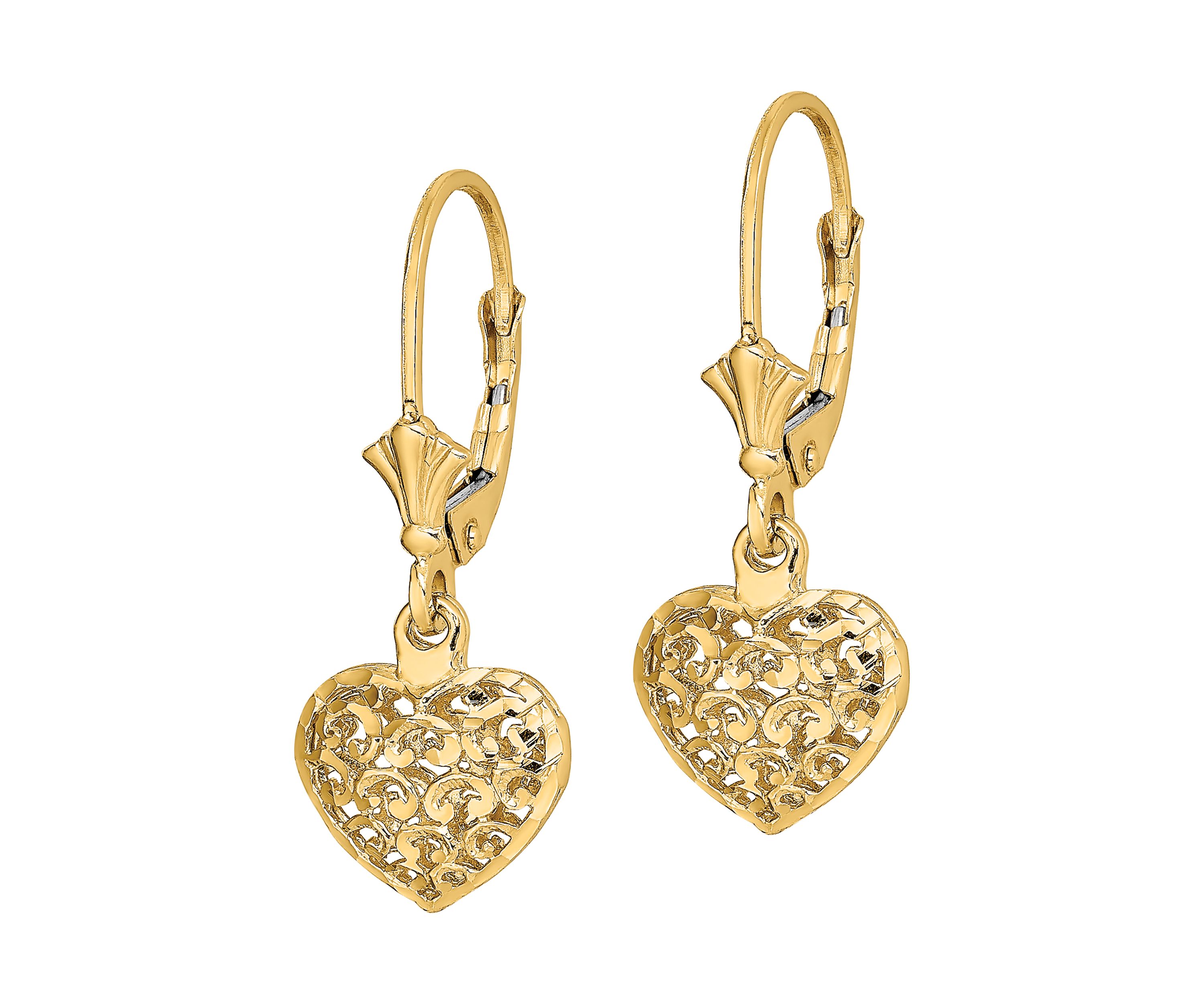 14K Yellow Gold Diamond Cut Mini Puffed Heart Lever Back Earrings