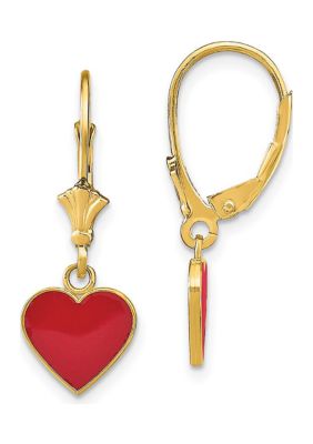 14K Yellow Gold Polished Enameled Heart Dangle Leverback Earrings