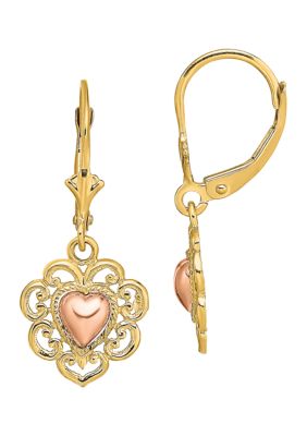 14K Two-Tone Polished Heart Leverback Earrings