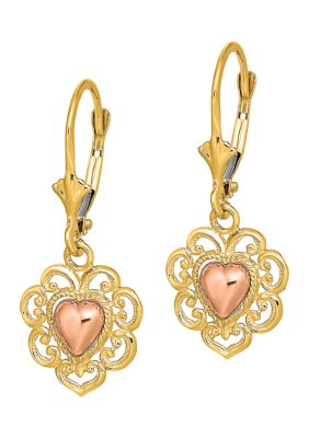 14K Two-Tone Polished Heart Leverback Earrings