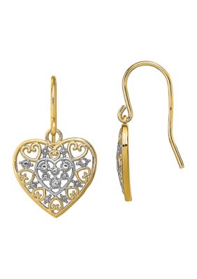 14K Yellow Gold with Rhodium Polished Filigree Hearts Shepherd Hook Earrings
