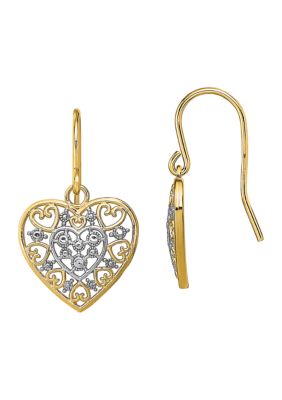 Belk & Co 14K Yellow Gold with Rhodium Polished Filigree Hearts Shepherd Hook Earrings