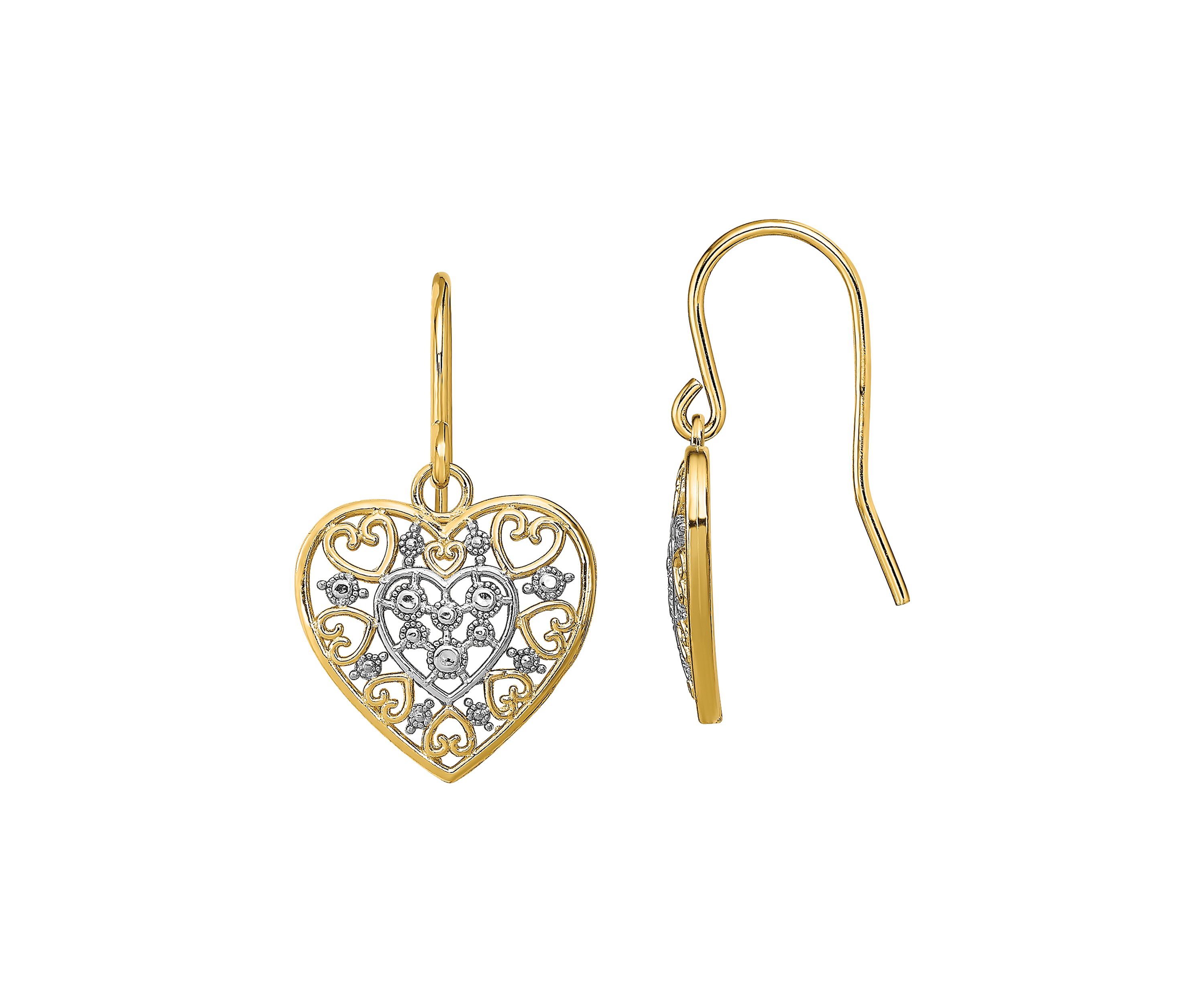 14K Yellow Gold with Rhodium Polished Filigree Hearts Shepherd Hook Earrings