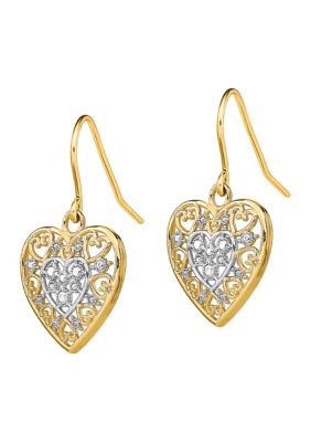 14K Yellow Gold with Rhodium Polished Filigree Hearts Shepherd Hook Earrings