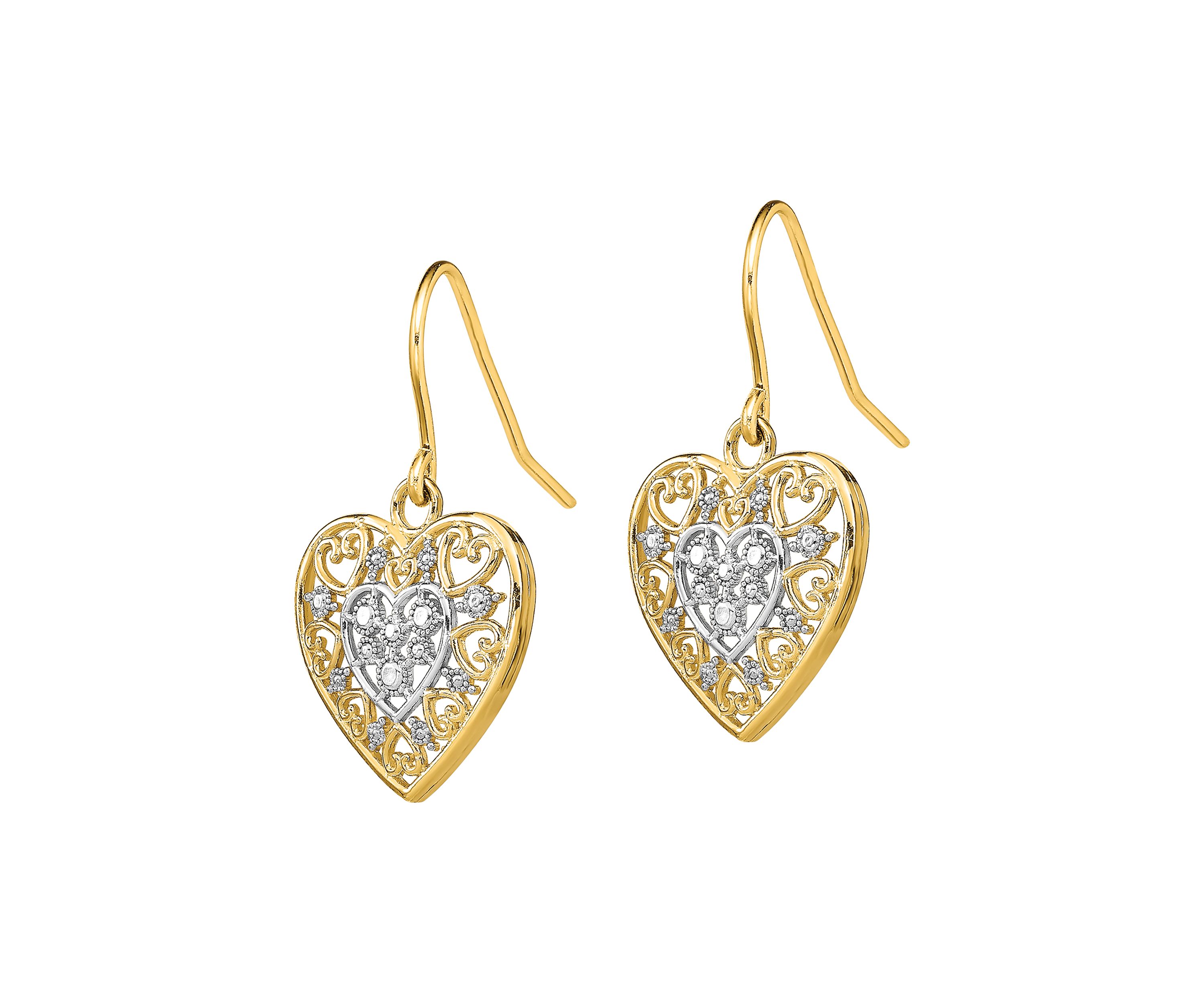 14K Yellow Gold with Rhodium Polished Filigree Hearts Shepherd Hook Earrings