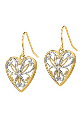 14K Yellow Gold with Rhodium Polished Filigree Heart Shepherd Hook Earrings