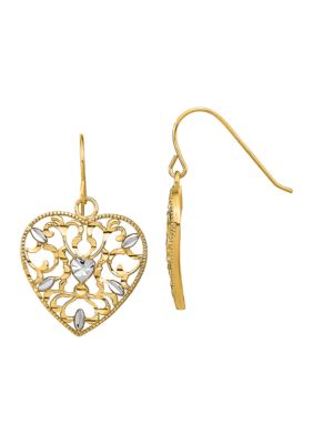 Belk & Co 14K Yellow Gold with Rhodium Filigree Cut-Out Heart Wire Earrings