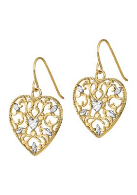 14K Yellow Gold with Rhodium Filigree Cut-Out Heart Wire Earrings