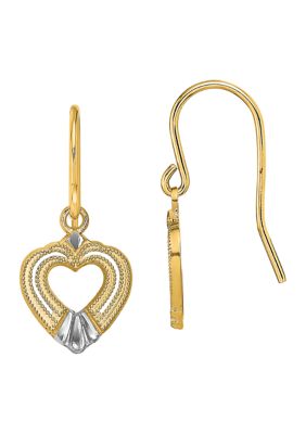 14K Yellow Gold with White Rhodium Polished Heart Shepherd Hook Earrings