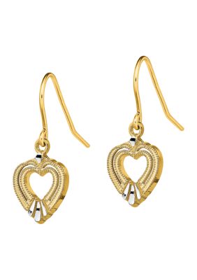 14K Yellow Gold with White Rhodium Polished Heart Shepherd Hook Earrings