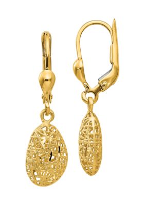 14K Yellow Gold Textured/Polished Satin Puff Diamond-cut Dangle Leverback Earrings