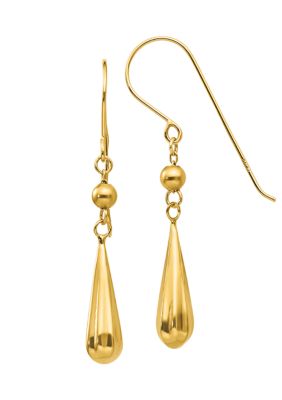 14K Yellow Gold Grooved Puffed Teardrop Shepherd Hook Earrings