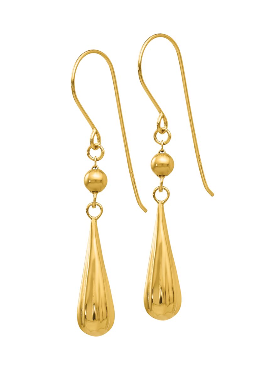 14K Yellow Gold Grooved Puffed Teardrop Shepherd Hook Earrings