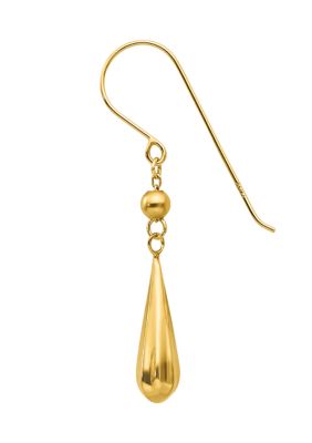 14K Yellow Gold Grooved Puffed Teardrop Shepherd Hook Earrings