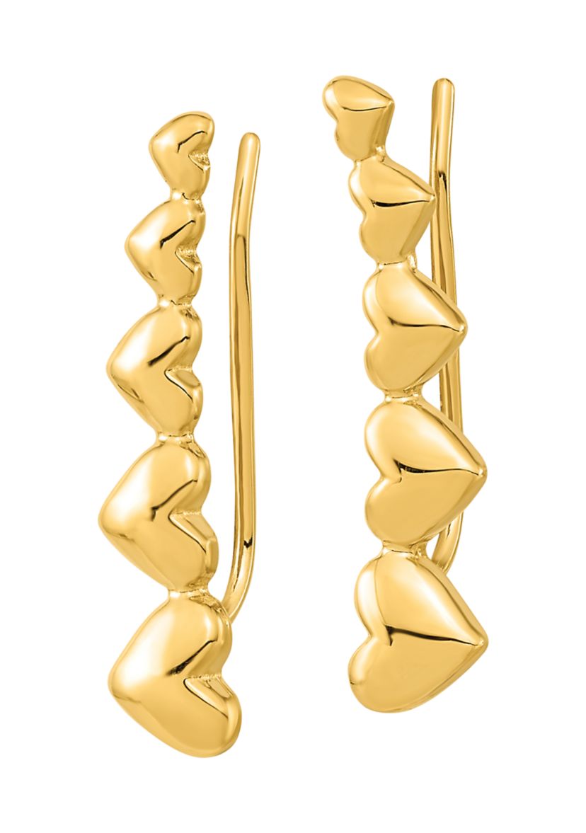 14K Yellow Gold Heart Polished Ear Climber Earrings