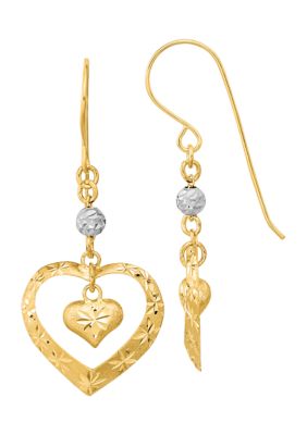 Belk & Co 14K Two-Tone Satin Diamond-cut Heart Dangle Shepherd Hook Earrings, Yellow