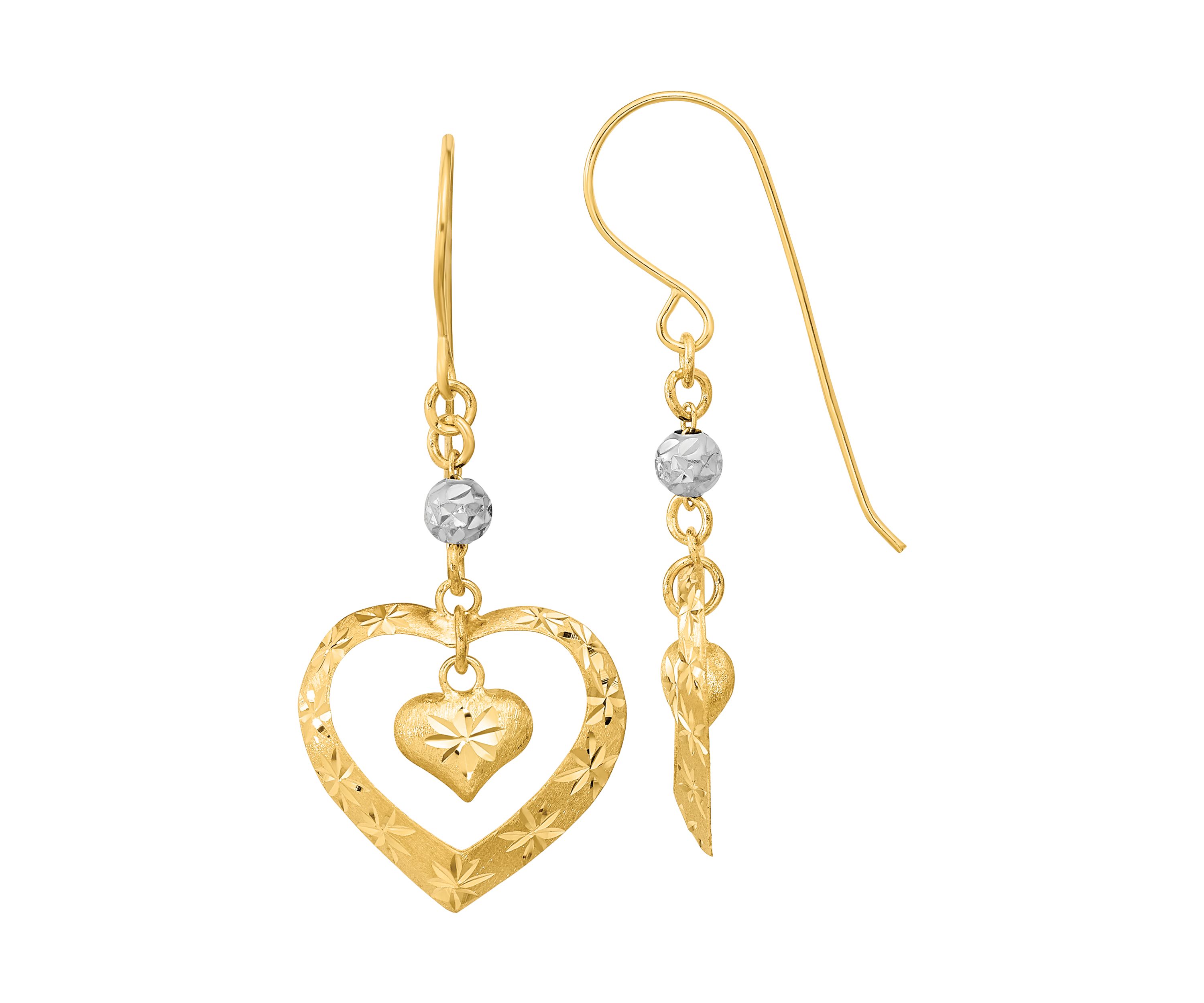 14K Two-Tone Satin Diamond-cut Heart Dangle Shepherd Hook Earrings