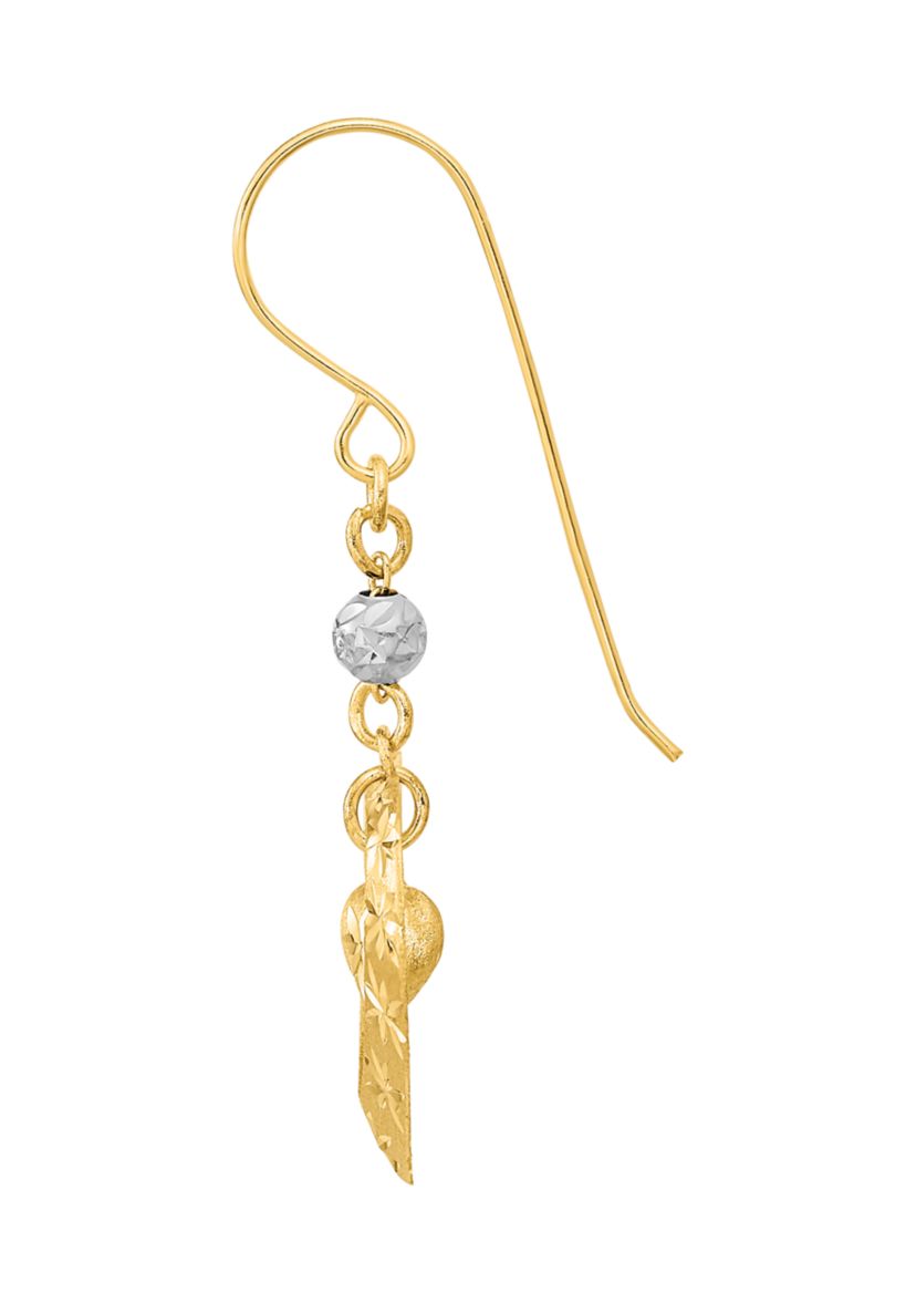 14K Two-Tone Satin Diamond-cut Heart Dangle Shepherd Hook Earrings