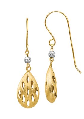 14K Yellow and White Gold Diamond Cut Teardrop Dangle Earrings