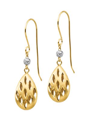 14K Yellow and White Gold Diamond Cut Teardrop Dangle Earrings