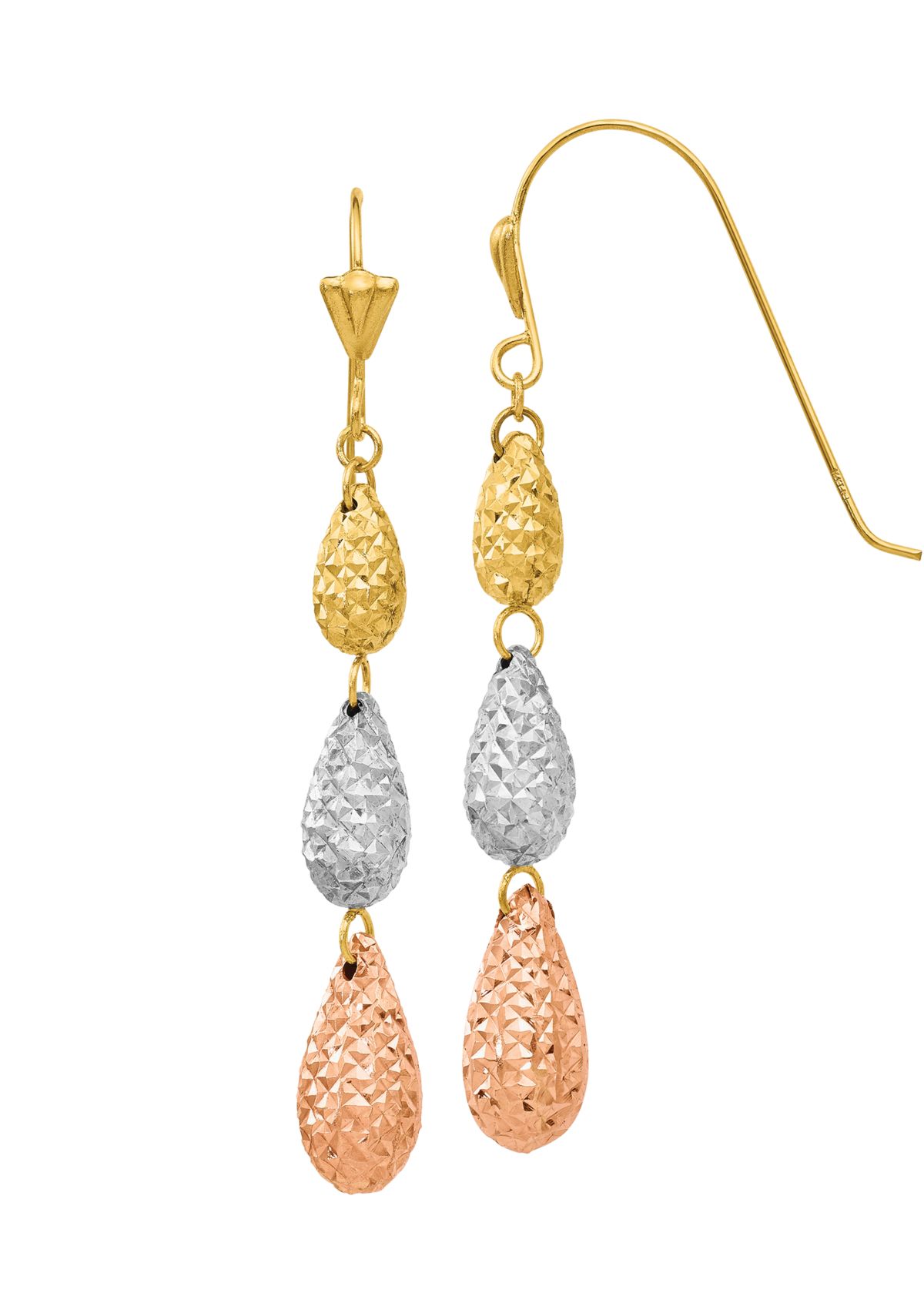 14K Tri-Color Puff Teardrop Dangle Earrings