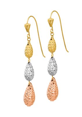 14K Tri-Color Puff Teardrop Dangle Earrings