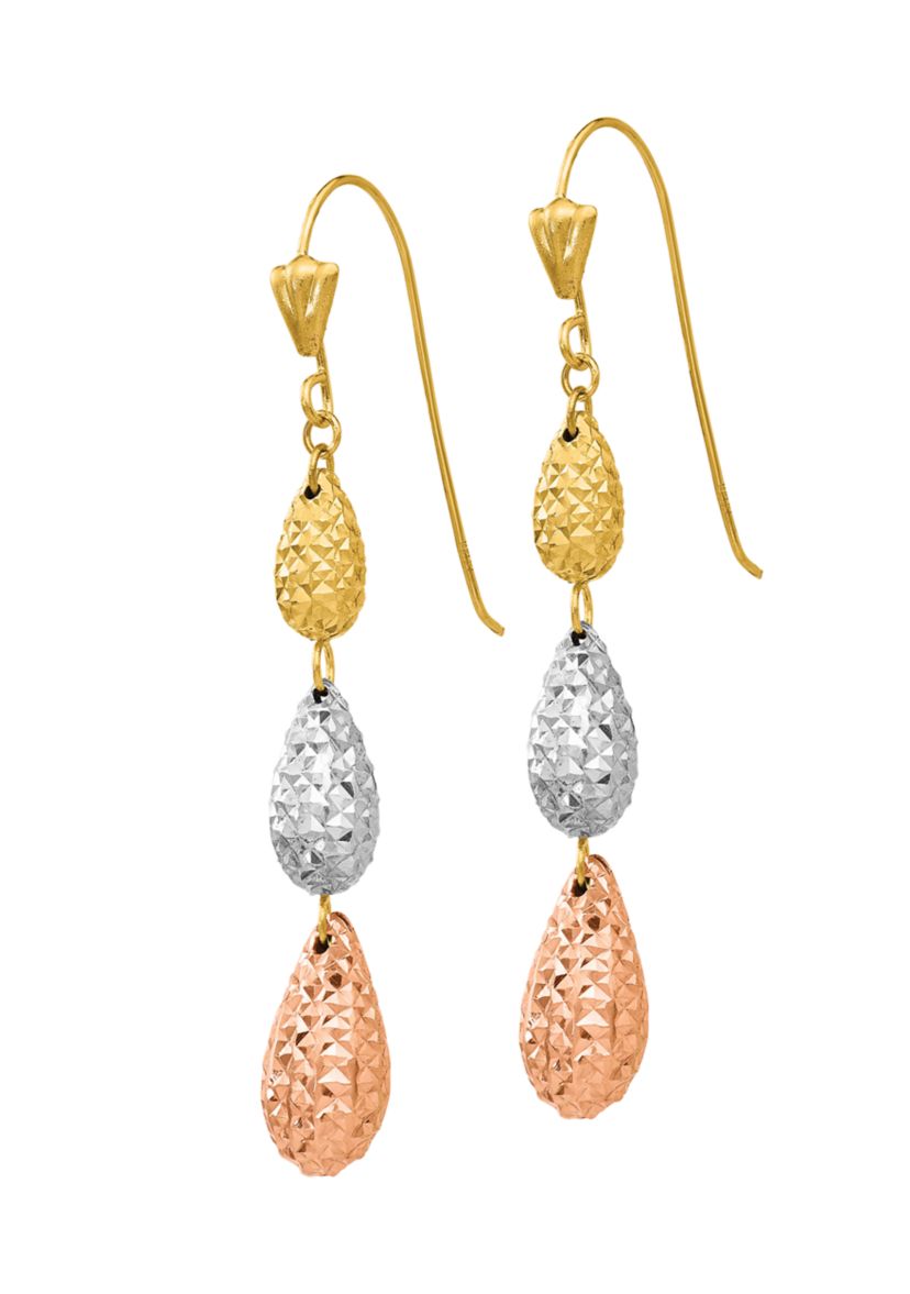 14K Tri-Color Puff Teardrop Dangle Earrings