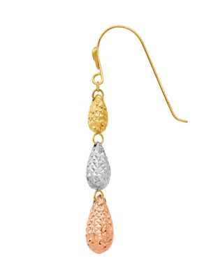 14K Tri-Color Puff Teardrop Dangle Earrings