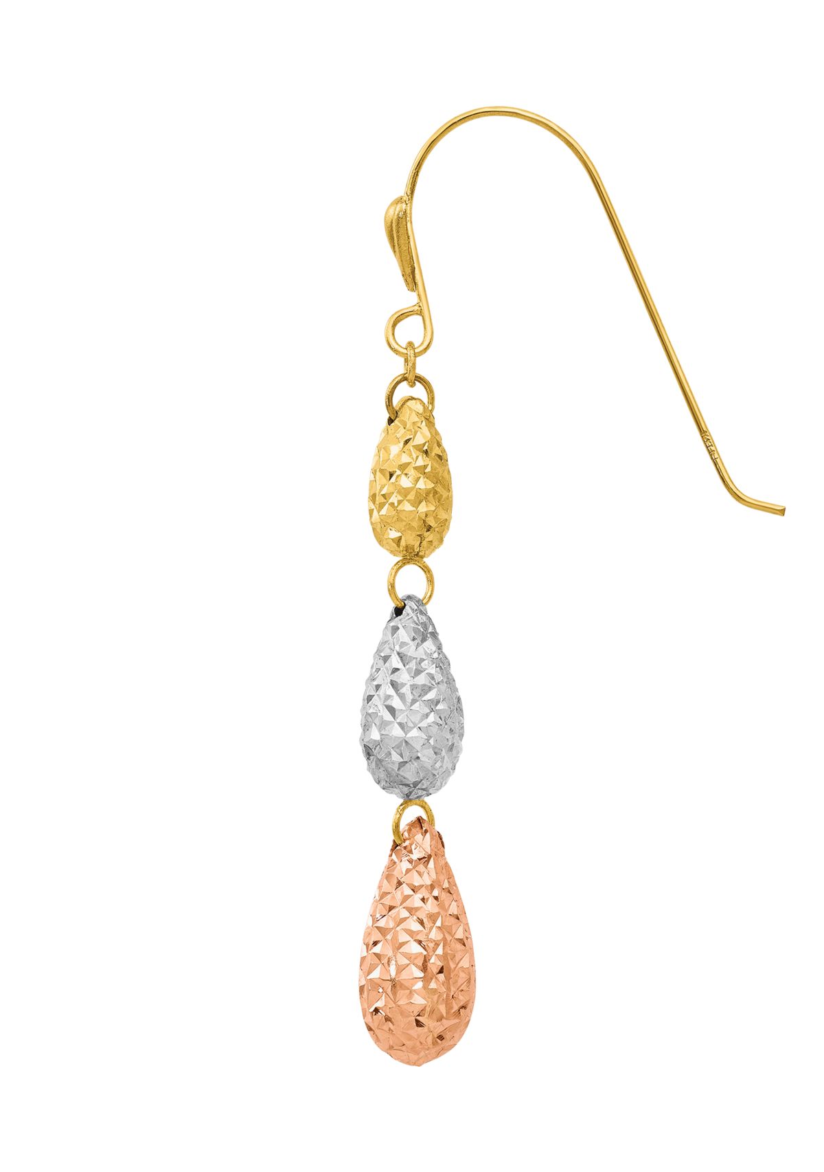 14K Tri-Color Puff Teardrop Dangle Earrings
