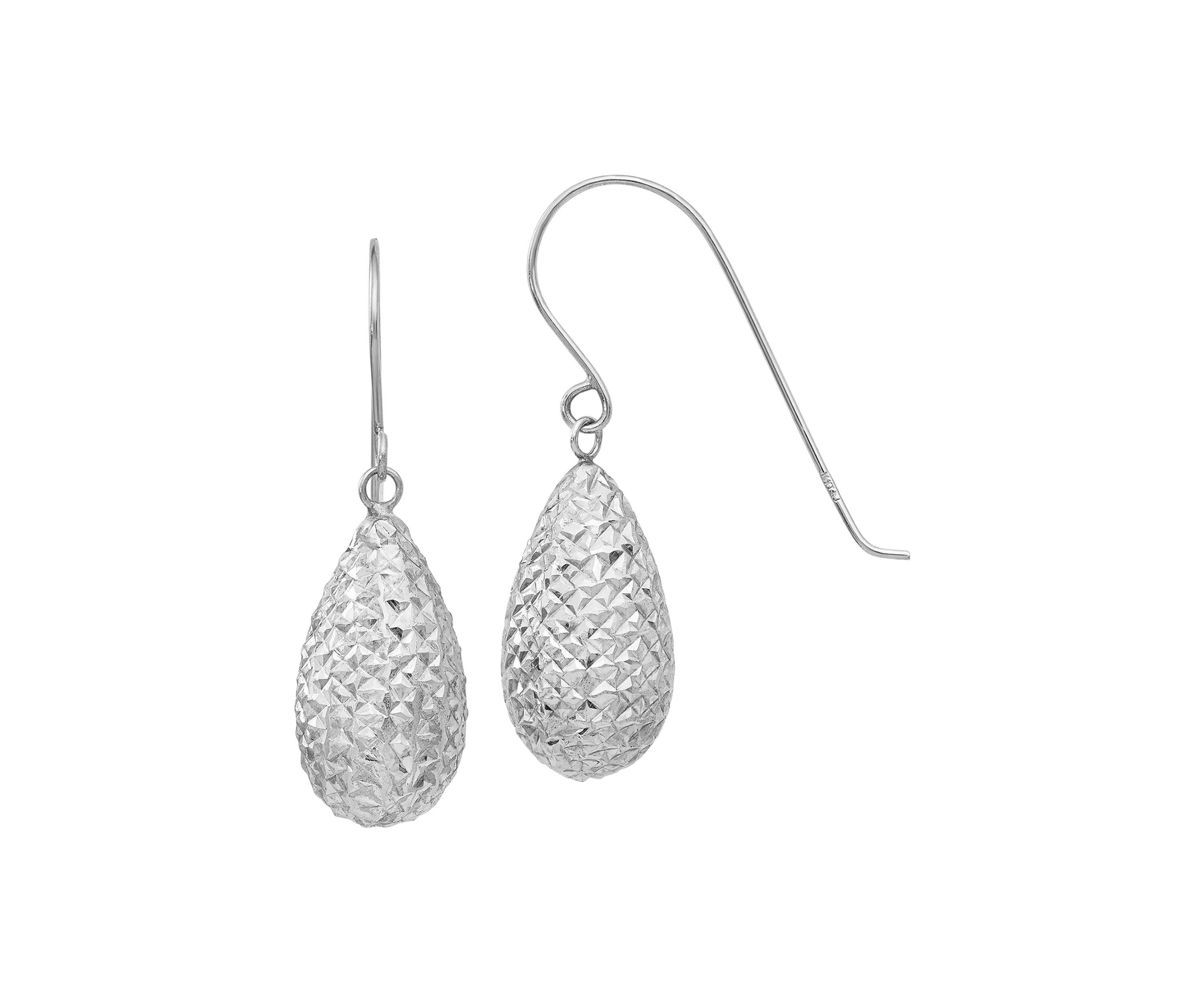 14K White Gold Puff Teardrop Earrings