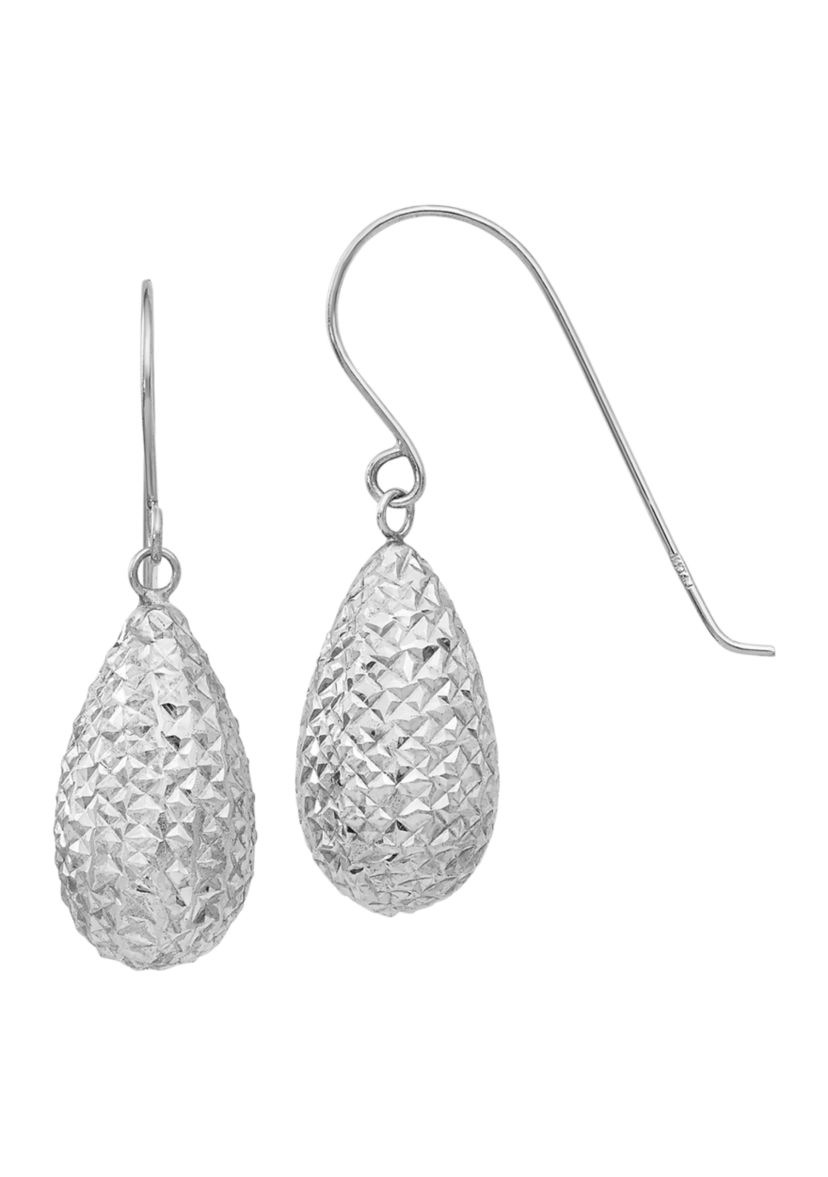14K White Gold Puff Teardrop Earrings