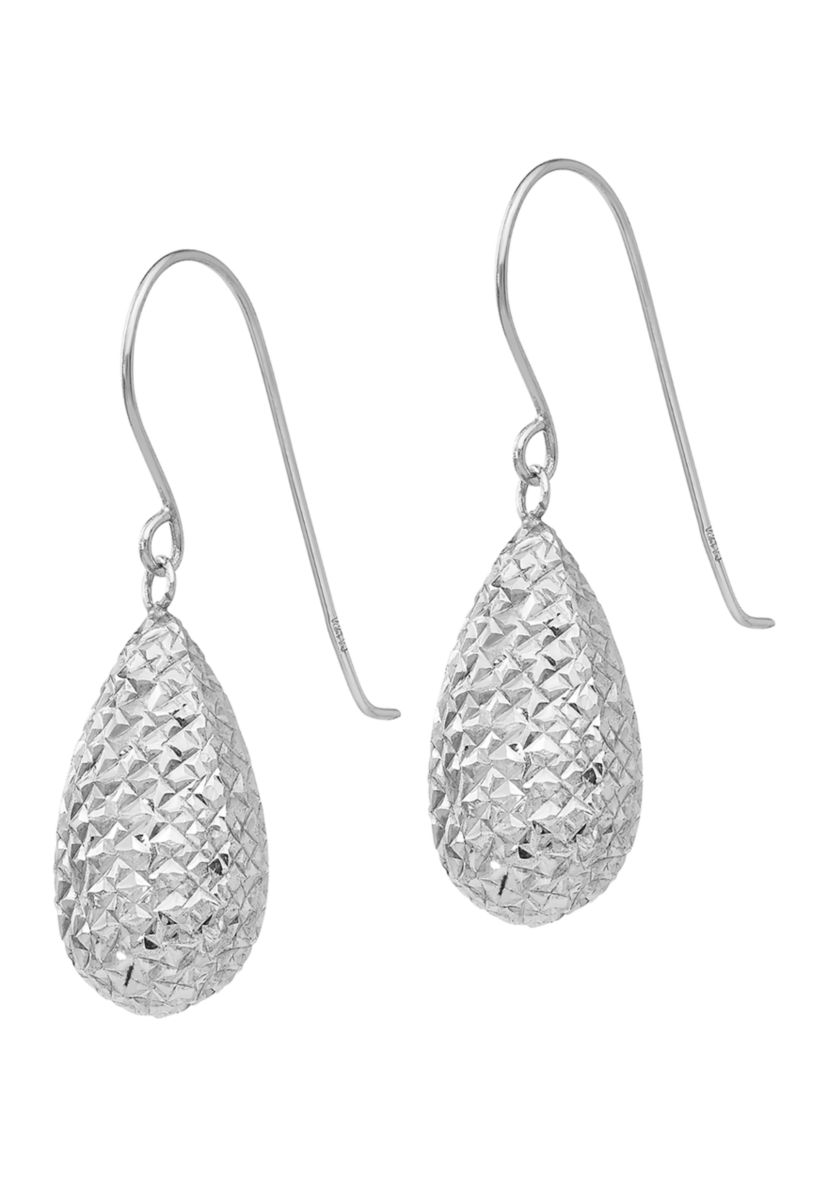 14K White Gold Puff Teardrop Earrings