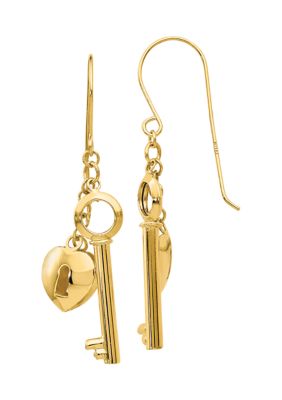 14K Yellow Gold Puff Heart Lock and Key Earrings