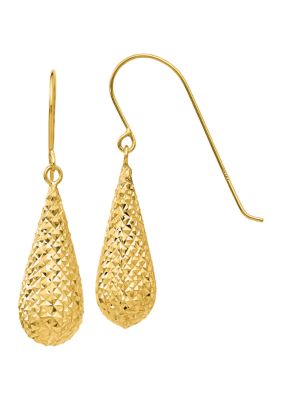 14K Yellow Gold Diamond Cut Puff Tear Drop Dangle Earrings