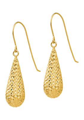 14K Yellow Gold Diamond Cut Puff Tear Drop Dangle Earrings