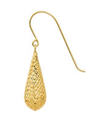 14K Yellow Gold Diamond Cut Puff Tear Drop Dangle Earrings