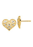 14K Yellow Gold and Rhodium Fancy Heart Post Earrings