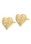 14K Yellow Gold and Rhodium Fancy Heart Post Earrings