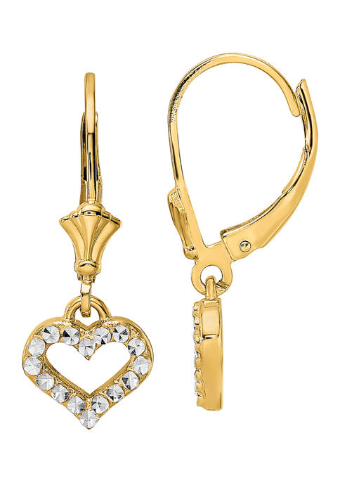 14K Yellow Gold and White Rhodium Diamond-Cut Heart Lever Back Earrings