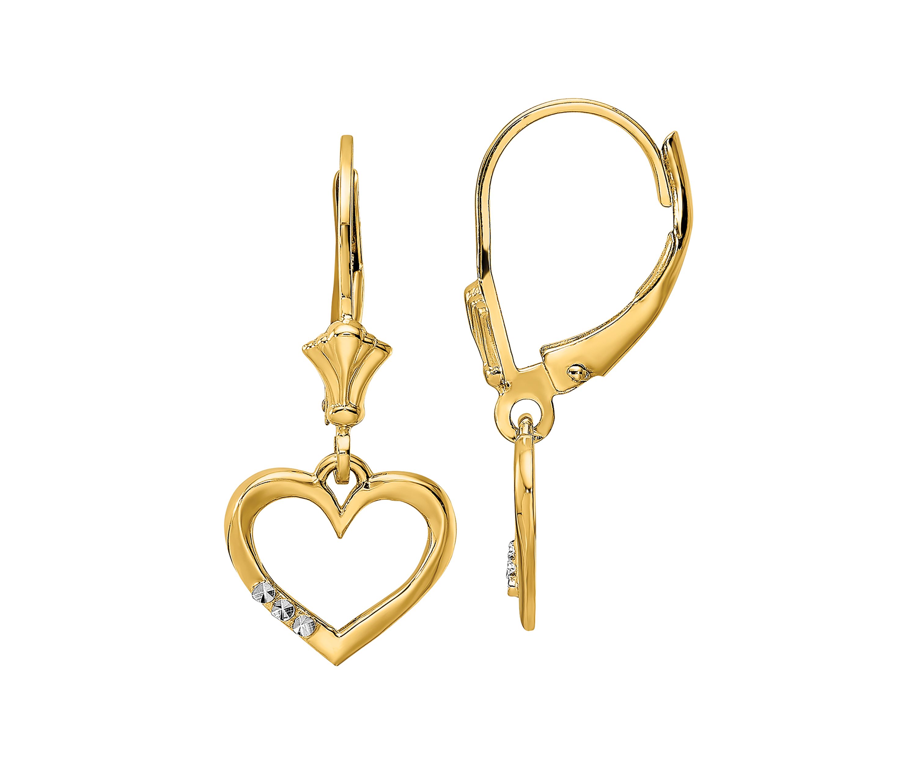 14K Yellow Gold and White Rhodium Diamond-Cut Heart Lever Back Earrings